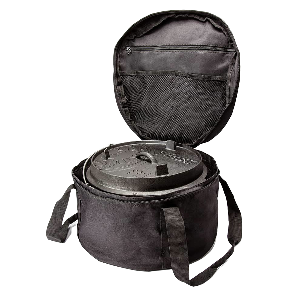 Black ripstop fabric transport bag with zipper and carrying straps, designed to securely hold Dutch ovens, suitable for Farm, Garden & Tool, Camping, and Best Sellers collections.