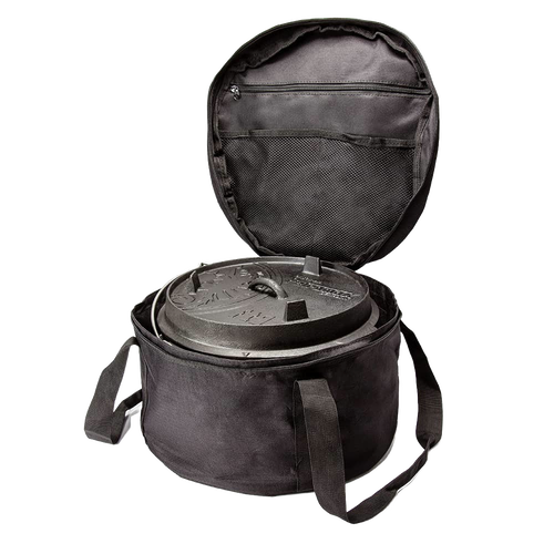 Black ripstop fabric transport bag with zipper and carrying straps, designed to securely hold Dutch ovens, suitable for Farm, Garden & Tool, Camping, and Best Sellers collections.