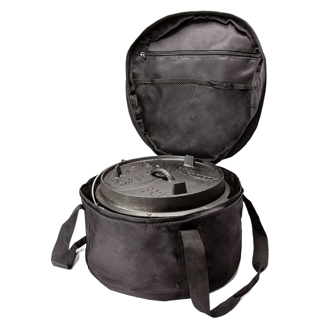 Black ripstop fabric transport bag with zipper and carrying straps, designed to securely hold Dutch ovens, suitable for Farm, Garden & Tool, Camping, and Best Sellers collections.