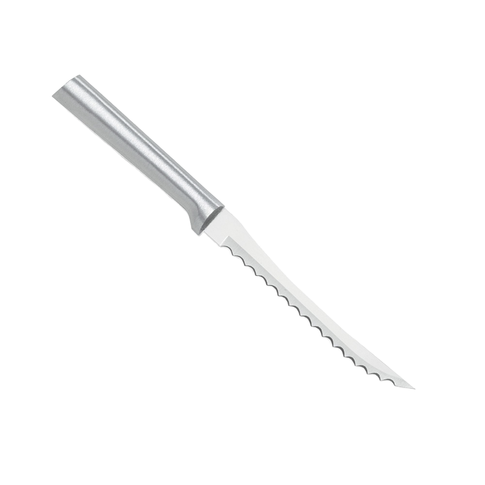 Serrated tomato slicer with hand-sharpened high carbon surgical stainless steel blade and solid aluminum handle, handcrafted in the USA for kitchen knives and food prep collections.