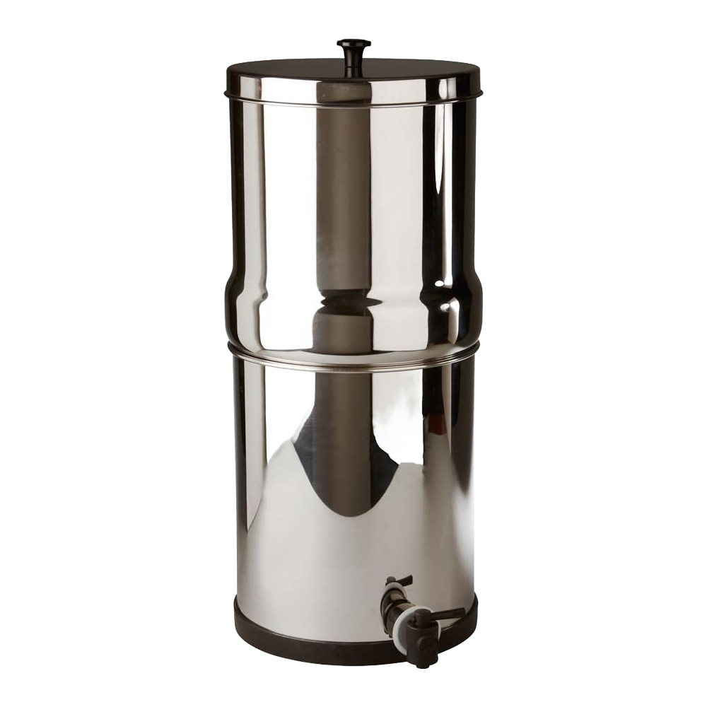 Mid-size stainless steel gravity water filter with a spigot, designed for clean drinking water without electricity or plumbing, ideal for camping, emergency, farm, and garden use.