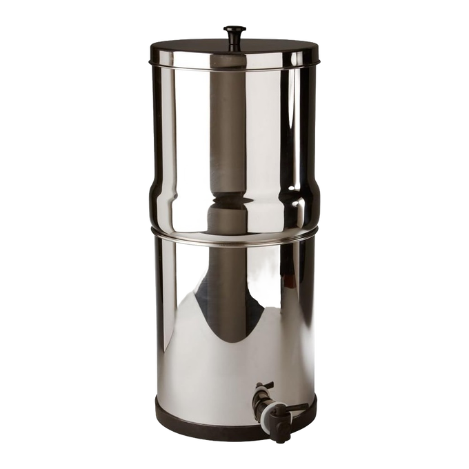 Mid-size stainless steel gravity water filter with a spigot, designed for clean drinking water without electricity or plumbing, ideal for camping, emergency, farm, and garden use.