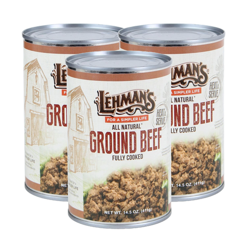 Three cans of Lehman's handcrafted all natural fully cooked ground beef with rustic label design, perfect for Kitchen & Food, Meats, Best Sellers, and Promo Eligible collections.
