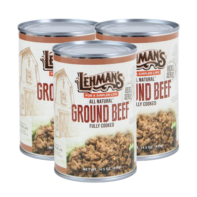 Three cans of Lehman's handcrafted all natural fully cooked ground beef with rustic label design, perfect for Kitchen & Food, Meats, Best Sellers, and Promo Eligible collections.