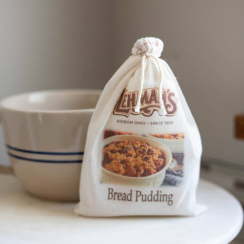 Natural fabric drawstring bag featuring handcrafted bread pudding mix with Amish-inspired labeling, ideal for Kitchen & Food, Pantry, Dry Goods and Mixes, Best Sellers, Promo Eligible collections.