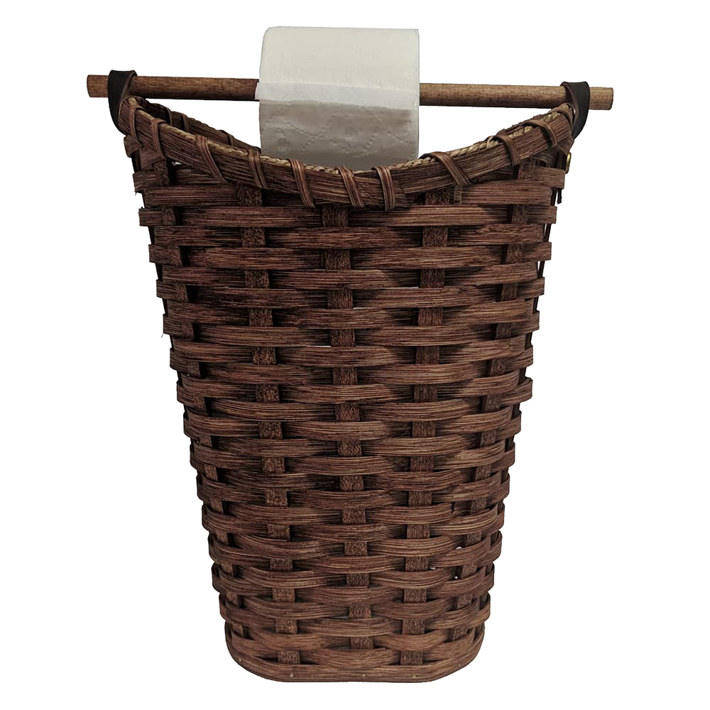 Handcrafted Amish made toilet paper holder basket woven from dark-stained maple wood with birch dowel rod, designed to hold four standard rolls, perfect for Home & Decor and Household Helpers collections.