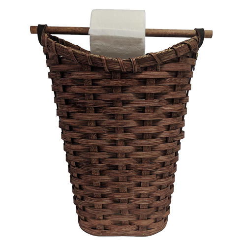 Handcrafted Amish made toilet paper holder basket woven from dark-stained maple wood with birch dowel rod, designed to hold four standard rolls, perfect for Home & Decor and Household Helpers collections.
