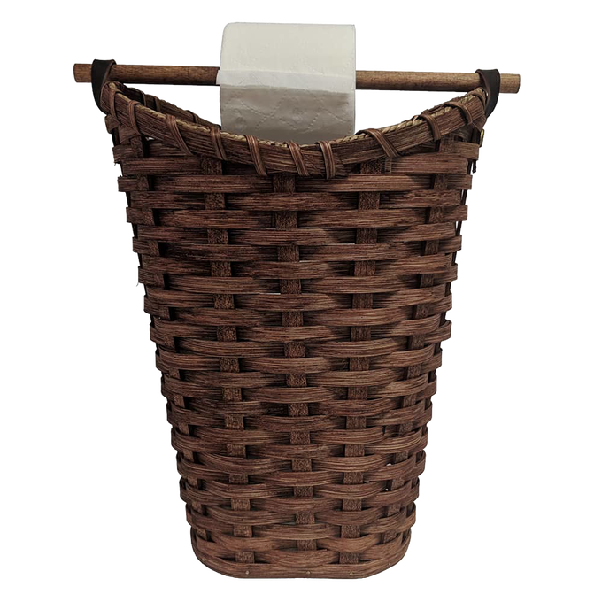 Handcrafted Amish made toilet paper holder basket woven from dark-stained maple wood with birch dowel rod, designed to hold four standard rolls, perfect for Home & Decor and Household Helpers collections.