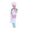 Young child wearing a pastel unicorn-patterned apron, matching chef hat, and oven mitt, standing barefoot against a white background, ideal for Kitchen & Food and Arts and Crafts collections.