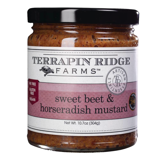 Handcrafted sweet beet and horseradish mustard in a glass jar, fat free, gluten free, and vegan, part of Kitchen & Food, Pantry, Gluten Free, USA Made, Best Sellers, and Promo Eligible collections.