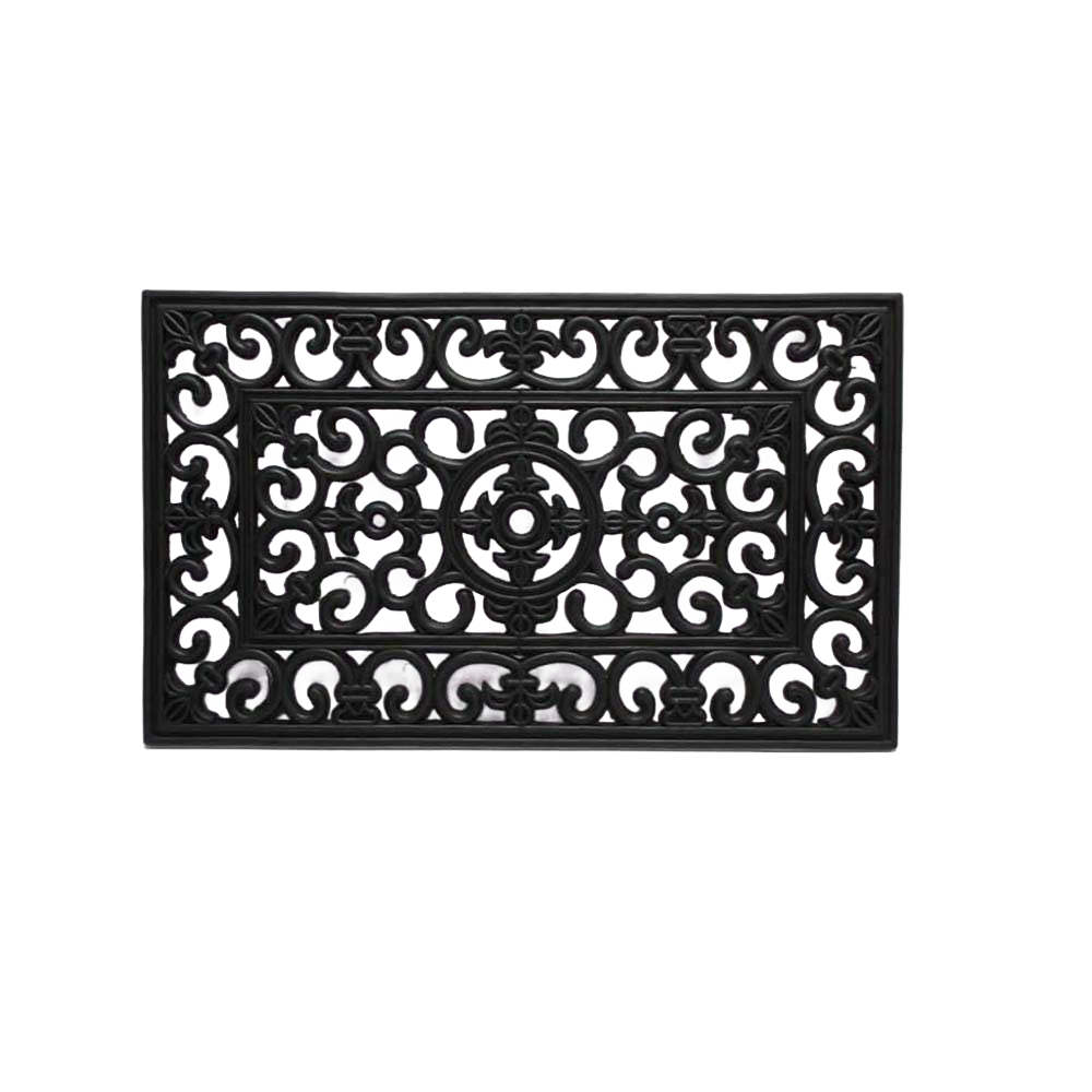 Handcrafted black rubber floor mat featuring an intricate filigree pattern designed to trap dirt and debris, perfect for Home & Decor, Home Textiles, Household Helpers, Best Sellers, and Promo Eligible collections.
