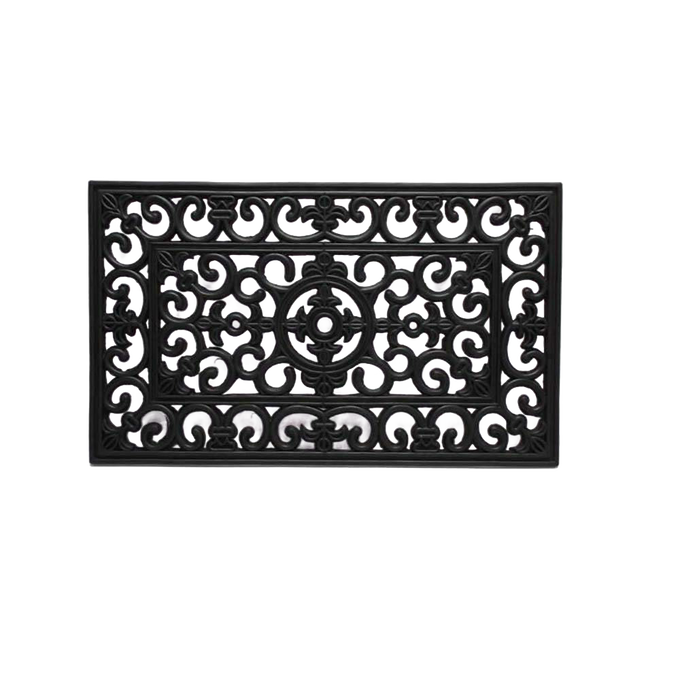 Handcrafted black rubber floor mat featuring an intricate filigree pattern designed to trap dirt and debris, perfect for Home & Decor, Home Textiles, Household Helpers, Best Sellers, and Promo Eligible collections.