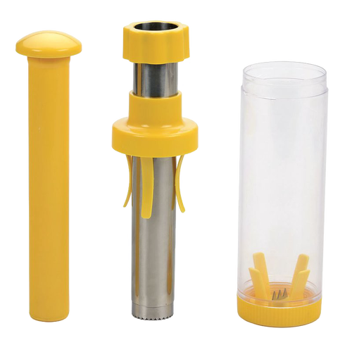 Handheld corn kernel remover with stainless steel blade, durable yellow plastic body, and clear collection cylinder, designed for easy food preservation in Kitchen & Food and Freezing collections.