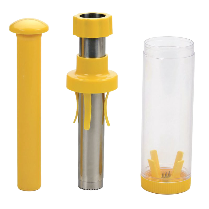Handheld corn kernel remover with stainless steel blade, durable yellow plastic body, and clear collection cylinder, designed for easy food preservation in Kitchen & Food and Freezing collections.