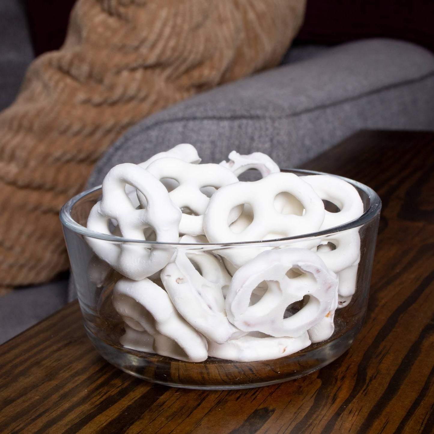 Clear glass bowl filled with handcrafted mini pretzels coated in smooth white chocolate, a USA made snack perfect for Kitchen & Food, Snacks and Sweets, Candy, Best Sellers, and Promo Eligible collections.