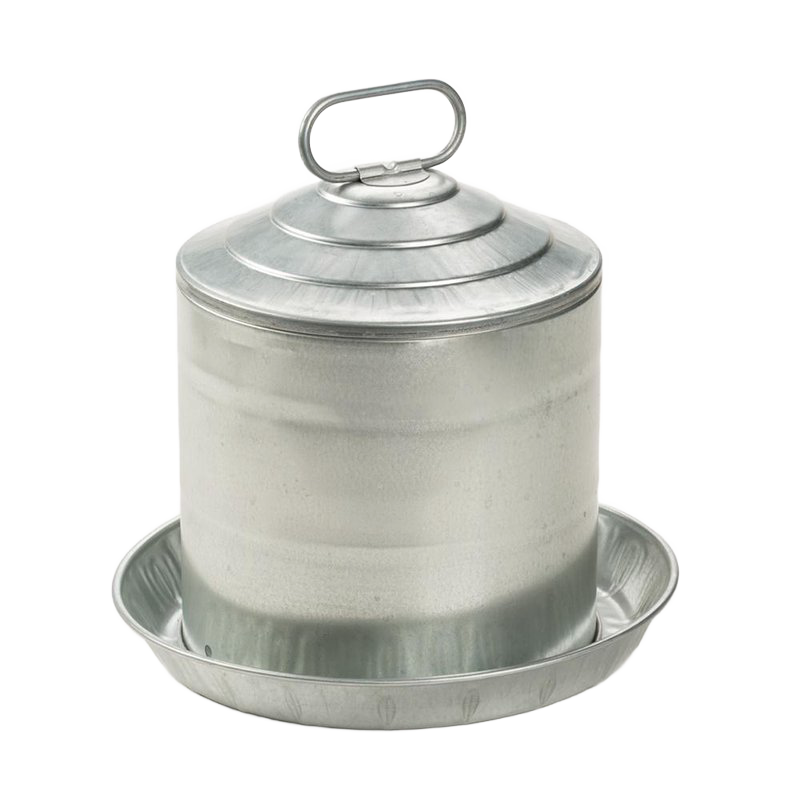 Galvanized double-wall chicken waterer with a 2-gallon capacity, sturdy handle, and a wide base, designed for reliable hydration in farm, garden, and animal care settings.