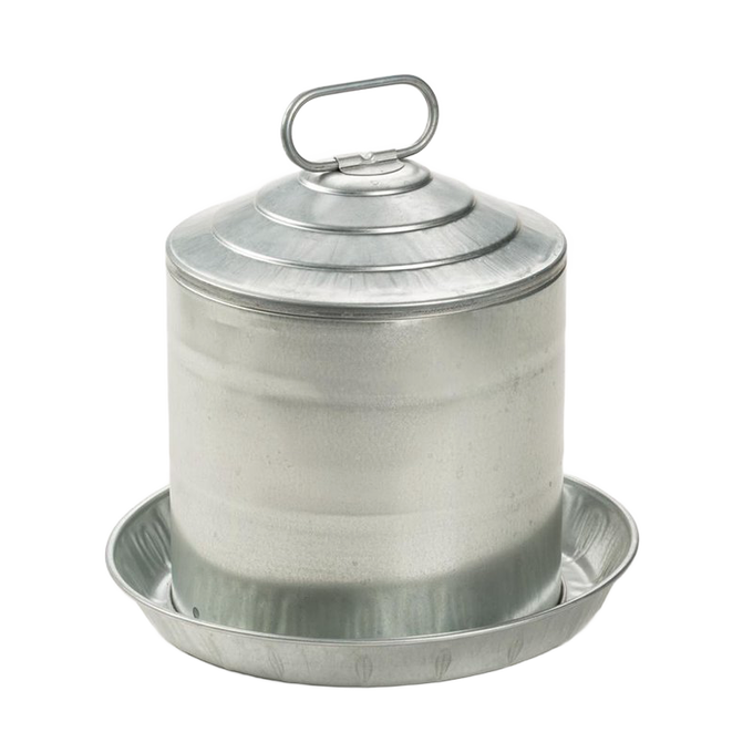 Galvanized double-wall chicken waterer with a 2-gallon capacity, sturdy handle, and a wide base, designed for reliable hydration in farm, garden, and animal care settings.