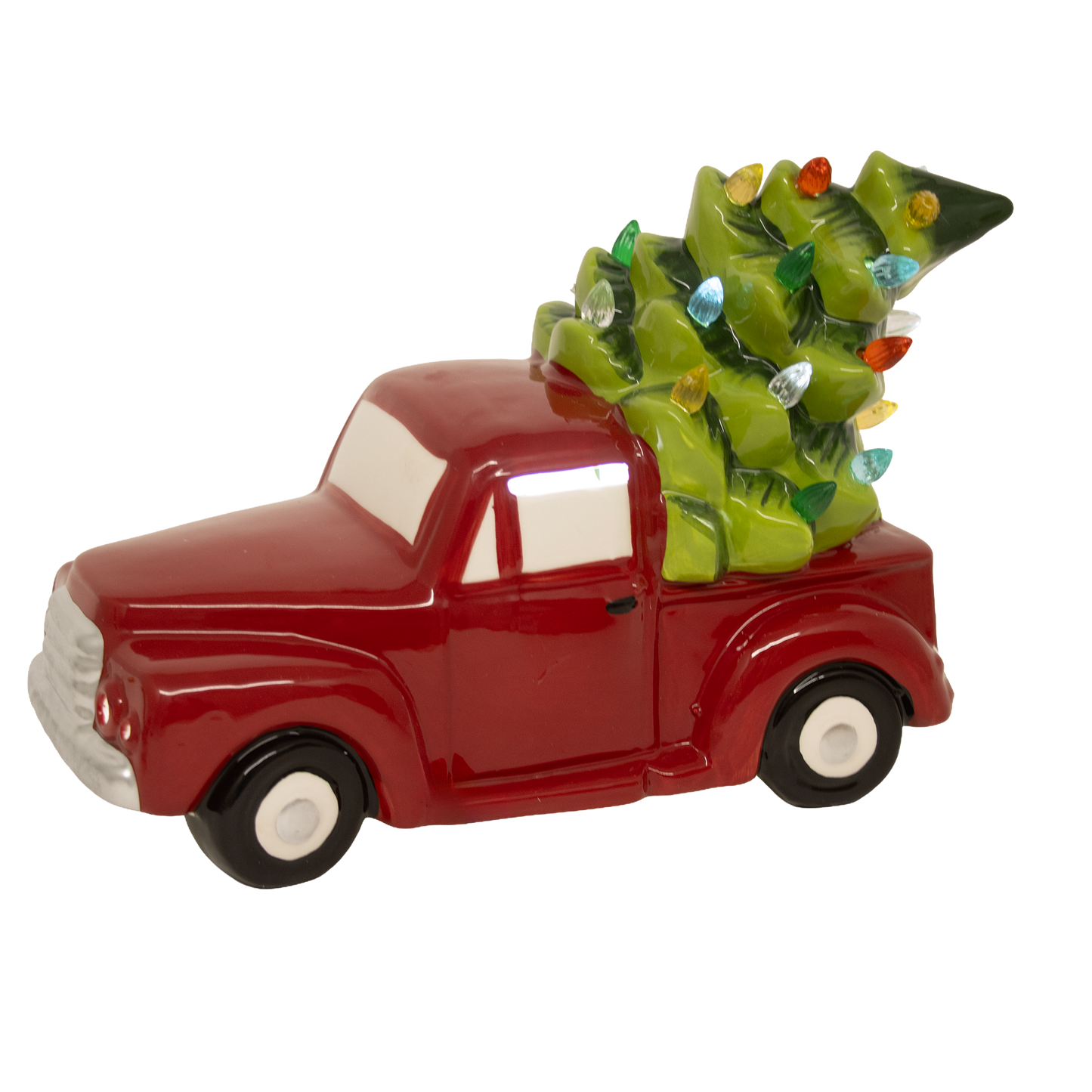 Handcrafted dolomite red truck carrying a light-up decorated Christmas tree, battery operated for easy placement, ideal for Home & Decor, Holiday Decor, Best Sellers, and Promo Eligible collections.