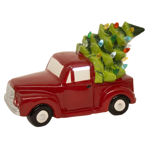 Handcrafted dolomite red truck carrying a light-up decorated Christmas tree, battery operated for easy placement, ideal for Home & Decor, Holiday Decor, Best Sellers, and Promo Eligible collections.