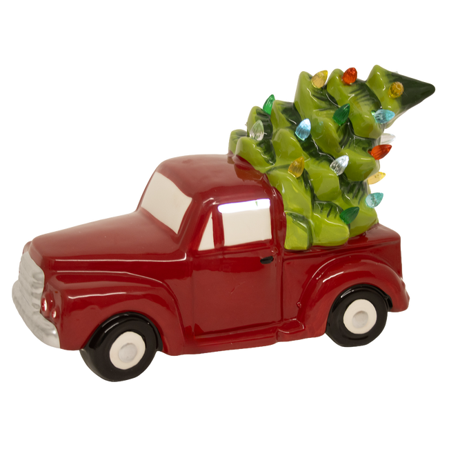Handcrafted dolomite red truck carrying a light-up decorated Christmas tree, battery operated for easy placement, ideal for Home & Decor, Holiday Decor, Best Sellers, and Promo Eligible collections.