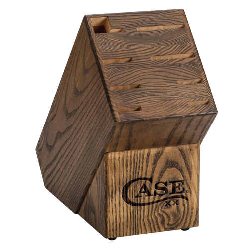 Handcrafted wooden knife block with multiple slots, featuring natural walnut grain and branded engraving, designed for organized kitchen storage in USA Made and Food Prep collections.