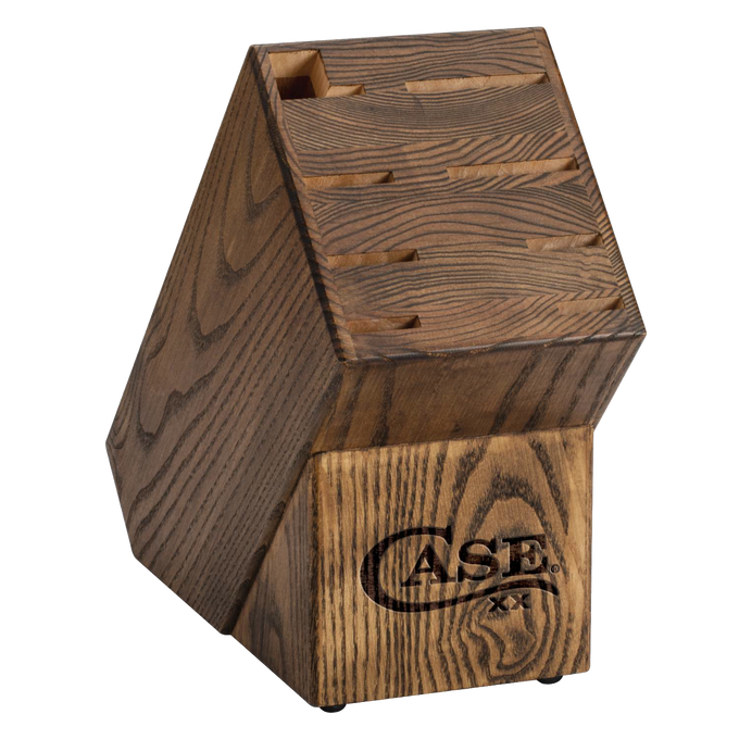 Handcrafted wooden knife block with multiple slots, featuring natural walnut grain and branded engraving, designed for organized kitchen storage in USA Made and Food Prep collections.