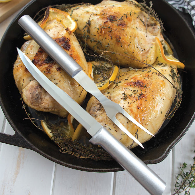 Handcrafted carving fork and boning knife set with solid satin-finished recycled aluminum handles and high carbon surgical-quality steel blades, made in USA, ideal for Kitchen & Food and Farm, Garden & Tool collections