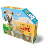 Unique-shaped 100-piece lamb puzzle with large pieces sized for small hands, featuring fun barnyard facts, ideal for children's toys and educational games collections.