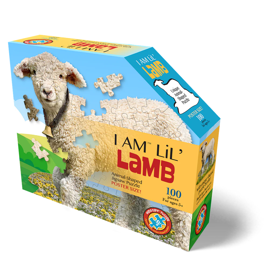 Unique-shaped 100-piece lamb puzzle with large pieces sized for small hands, featuring fun barnyard facts, ideal for children's toys and educational games collections.