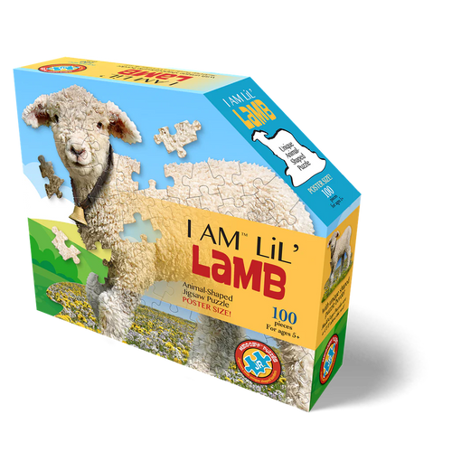 Unique-shaped 100-piece lamb puzzle with large pieces sized for small hands, featuring fun barnyard facts, ideal for children's toys and educational games collections.