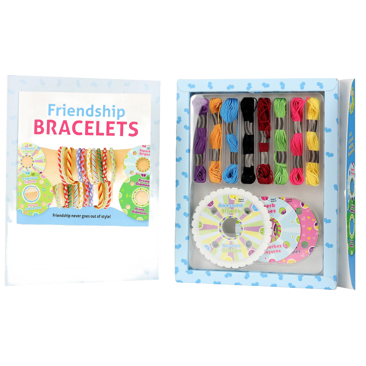 Open craft kit box revealing colorful embroidery threads and patterned bracelet design wheels, ideal for creative projects in Toys, Books & Games and Children's Toys collections.