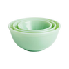 Set of three nested pale green glass mixing bowls, handcrafted in the USA, ideal for Kitchen & Food, Cookware, Baking Supplies, Dinnerware, and Best Sellers collections.