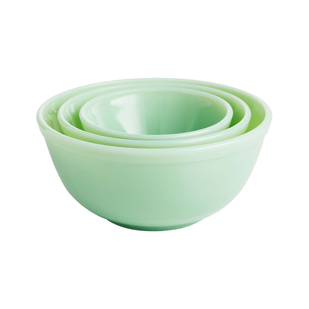 Set of three nested pale green glass mixing bowls, handcrafted in the USA, ideal for Kitchen & Food, Cookware, Baking Supplies, Dinnerware, and Best Sellers collections.