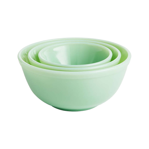 Set of three nested pale green glass mixing bowls, handcrafted in the USA, ideal for Kitchen & Food, Cookware, Baking Supplies, Dinnerware, and Best Sellers collections.