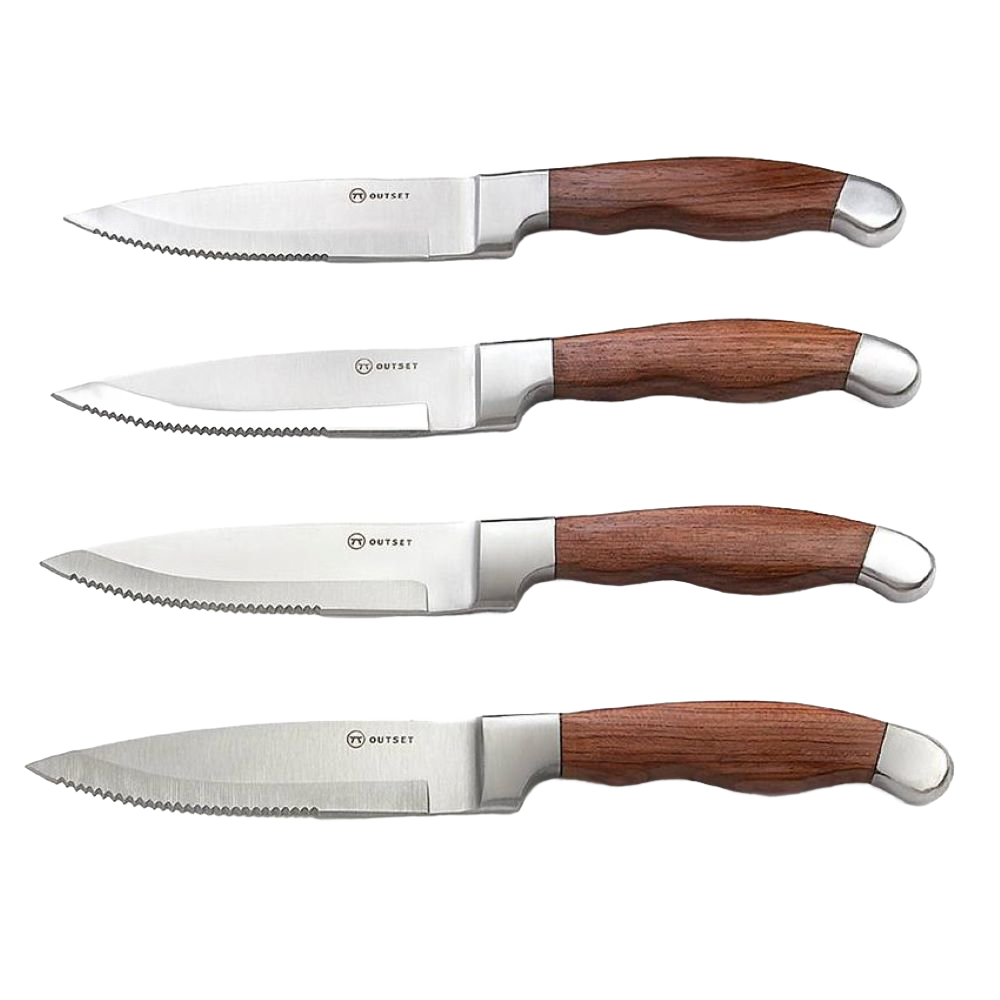 Set of four steakhouse knives featuring forged stainless steel blades with finely etched serrations and contoured rosewood handles, ideal for Kitchen & Food and Knives & Axes collections.