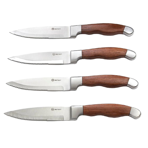 Set of four steakhouse knives featuring forged stainless steel blades with finely etched serrations and contoured rosewood handles, ideal for Kitchen & Food and Knives & Axes collections.