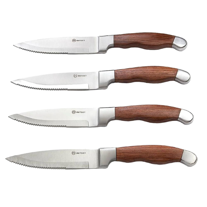 Set of four steakhouse knives featuring forged stainless steel blades with finely etched serrations and contoured rosewood handles, ideal for Kitchen & Food and Knives & Axes collections.