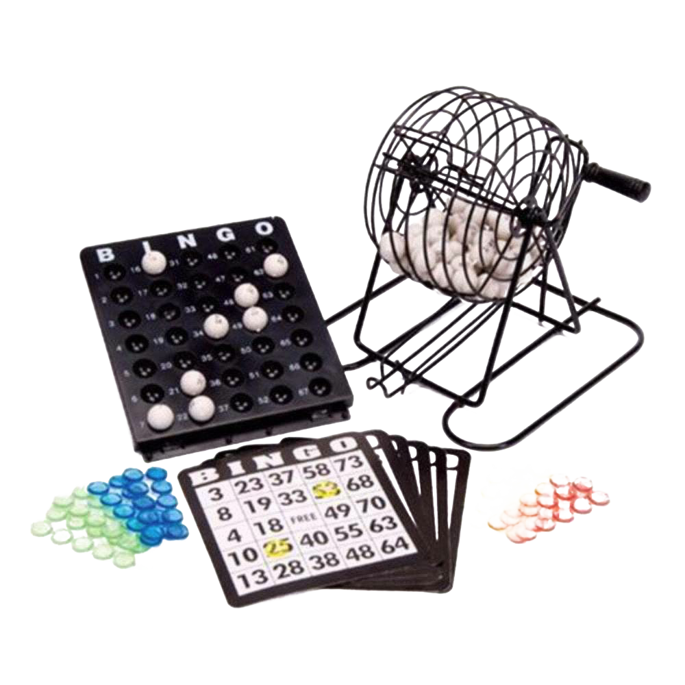 Handcrafted metal rotary bingo cage with automatic ball selector, plastic numbered balls, black call sheet, colorful reusable bingo chips, perfect for family games in Toys, Children’s Toys, Games and Puzzles, and Best Sellers collections.