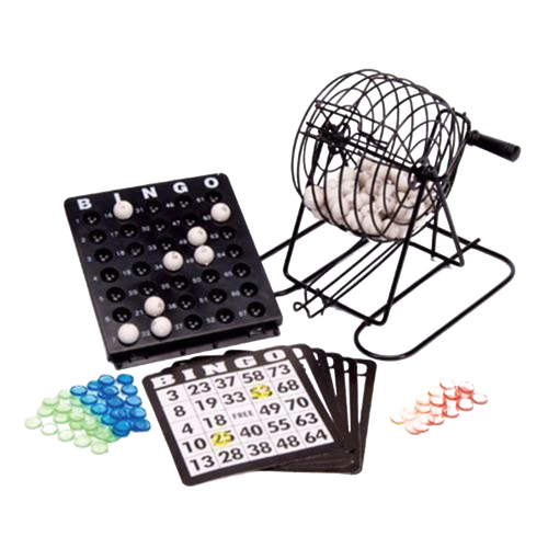 Handcrafted metal rotary bingo cage with automatic ball selector, plastic numbered balls, black call sheet, colorful reusable bingo chips, perfect for family games in Toys, Children’s Toys, Games and Puzzles, and Best Sellers collections.