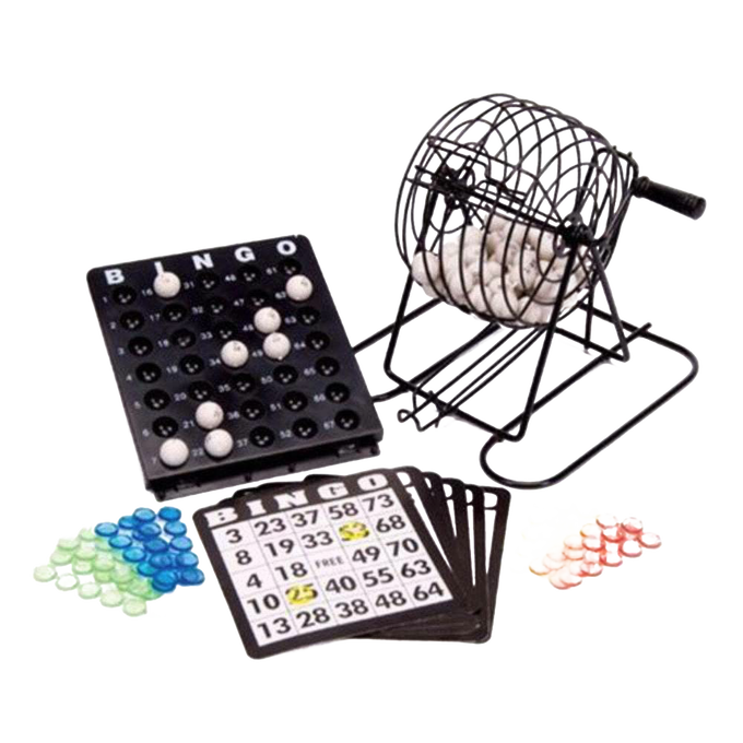 Handcrafted metal rotary bingo cage with automatic ball selector, plastic numbered balls, black call sheet, colorful reusable bingo chips, perfect for family games in Toys, Children’s Toys, Games and Puzzles, and Best Sellers collections.