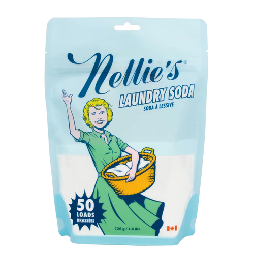 Packaging of Nellie's all-natural laundry soda for 50 loads with vintage-style illustration and powder visible inside, featured in Laundry Supplies and Best Sellers collections.