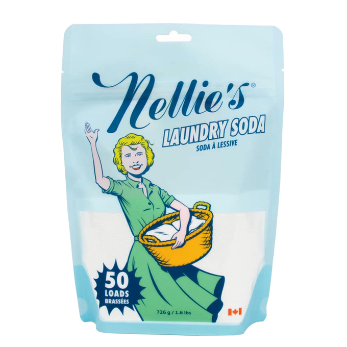 Packaging of Nellie's all-natural laundry soda for 50 loads with vintage-style illustration and powder visible inside, featured in Laundry Supplies and Best Sellers collections.