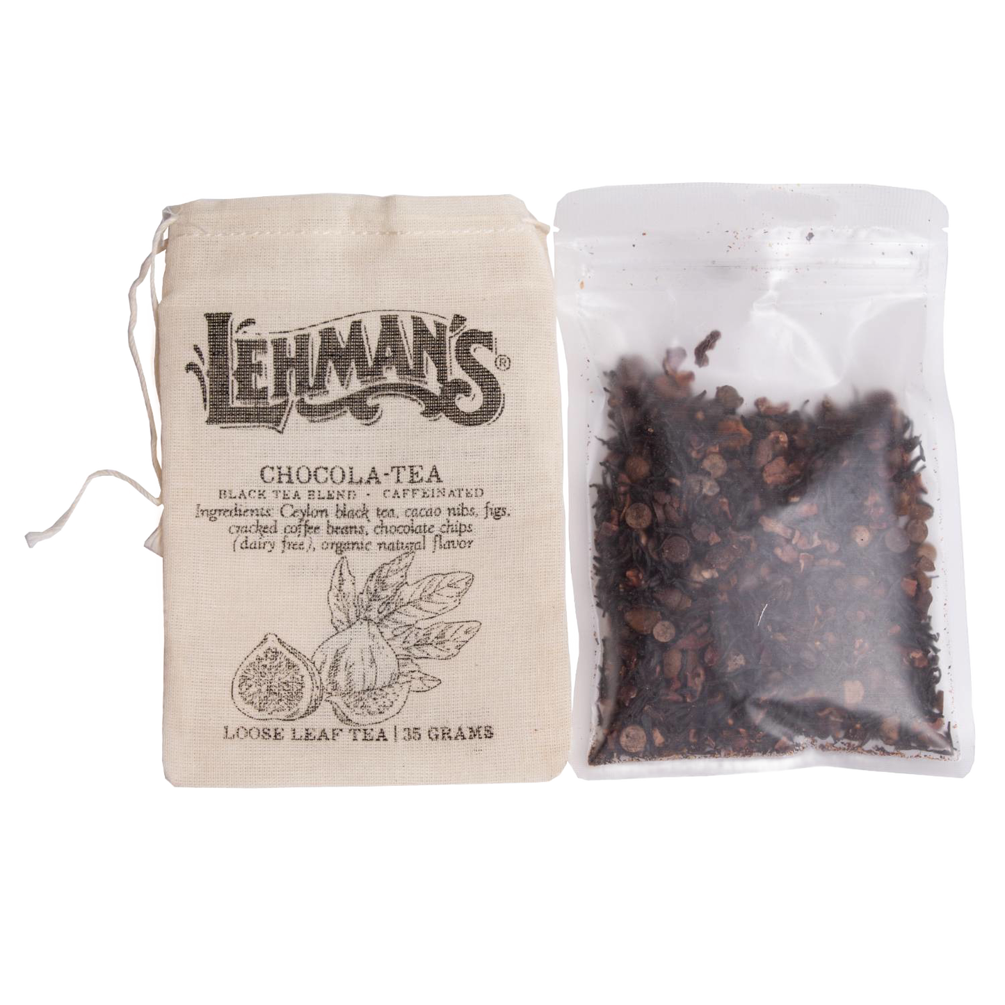 Natural fabric drawstring bag labeled Lehman's Chocola-Tea black loose leaf tea blend beside a clear resealable pouch of handcrafted tea, a unique USA made beverage from Kitchen & Food and Beverages collections.