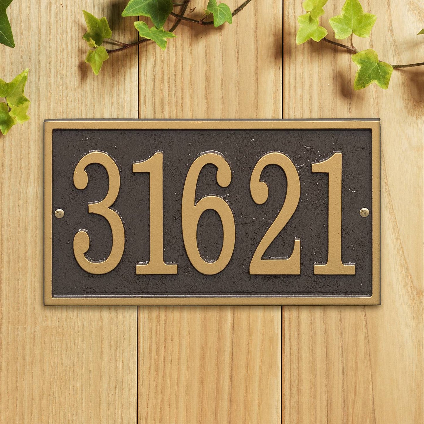 Custom rectangular address plaque in bronze and gold tones with raised numbers on textured dark background, handcrafted in USA, enhancing curb appeal in Home & Decor collections.