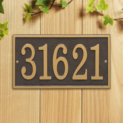 Custom rectangular address plaque in bronze and gold tones with raised numbers on textured dark background, handcrafted in USA, enhancing curb appeal in Home & Decor collections.