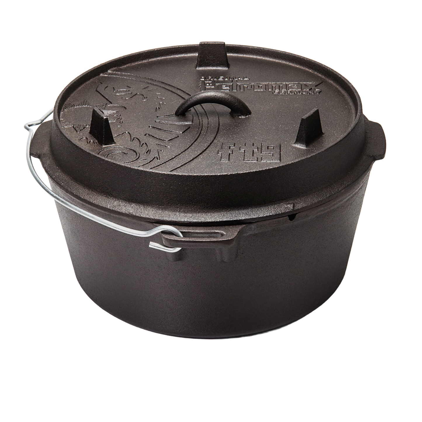 Heavy-duty cast iron pot with flat base and embossed lid featuring a dragon emblem, equipped with a sturdy bail handle, perfect for Kitchen & Food, Cookware, Cast Iron, Best Sellers collections.