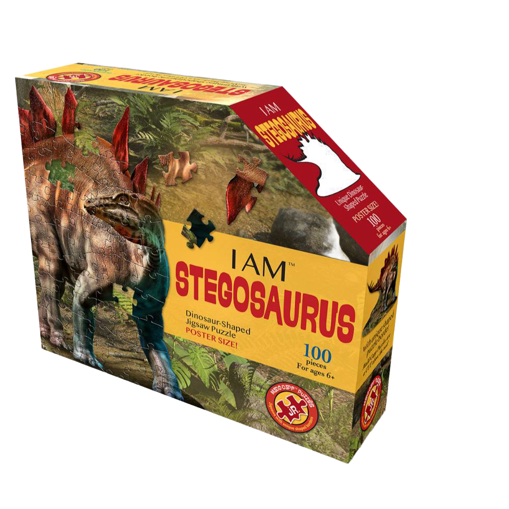 Box for a dinosaur-shaped jigsaw puzzle featuring a detailed Stegosaurus illustration, highlighting a unique border and 100 pieces, ideal for children's toys, games, and puzzles collections.