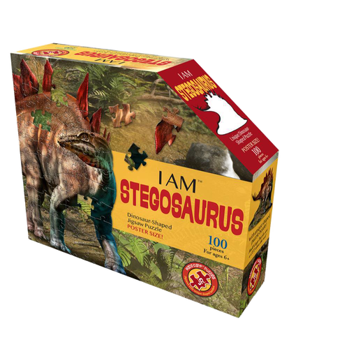 Box for a dinosaur-shaped jigsaw puzzle featuring a detailed Stegosaurus illustration, highlighting a unique border and 100 pieces, ideal for children's toys, games, and puzzles collections.