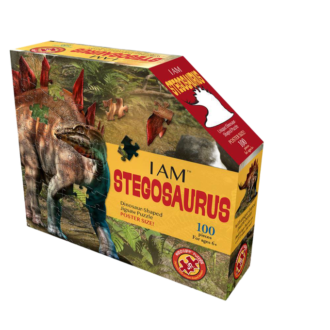 Box for a dinosaur-shaped jigsaw puzzle featuring a detailed Stegosaurus illustration, highlighting a unique border and 100 pieces, ideal for children's toys, games, and puzzles collections.