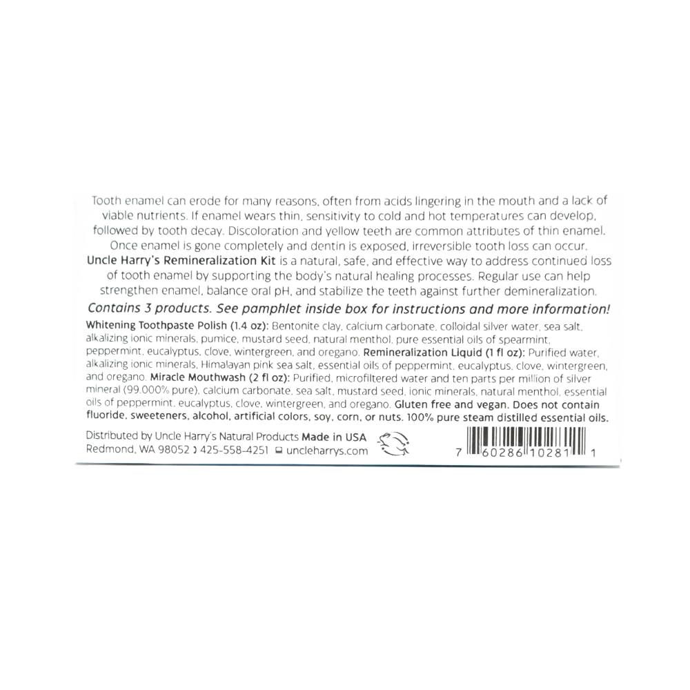 Back label text detailing directions, ingredients, and usage instructions for a handcrafted remineralization dental kit made in the USA, featured in Health & Wellness and Grooming collections.